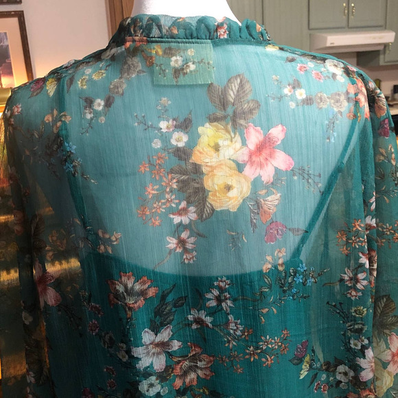 Maeve Anthropologie Large Sheer Floral Turquoise Blue Dress Drop Waist Ruffle - Picture 4 of 9